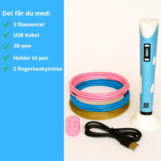 3D pen sæt med blå 3D pen, tre filamenter, USB kabel, penholder og fingerbeskyttelse